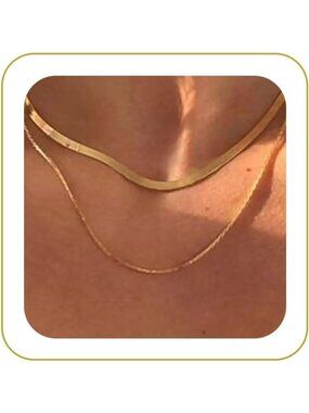 Women's Herringbone Gold Non Tarnish Chunky 14k Gold Plated Layered Necklaces